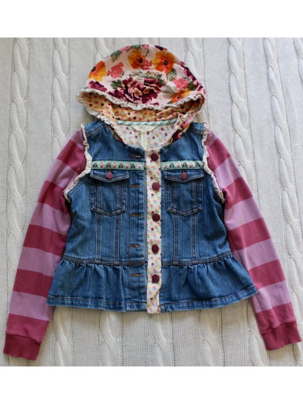 MATILDA JANE Labyrinth Convertible Denim Jacket Floral Hood, Size 10